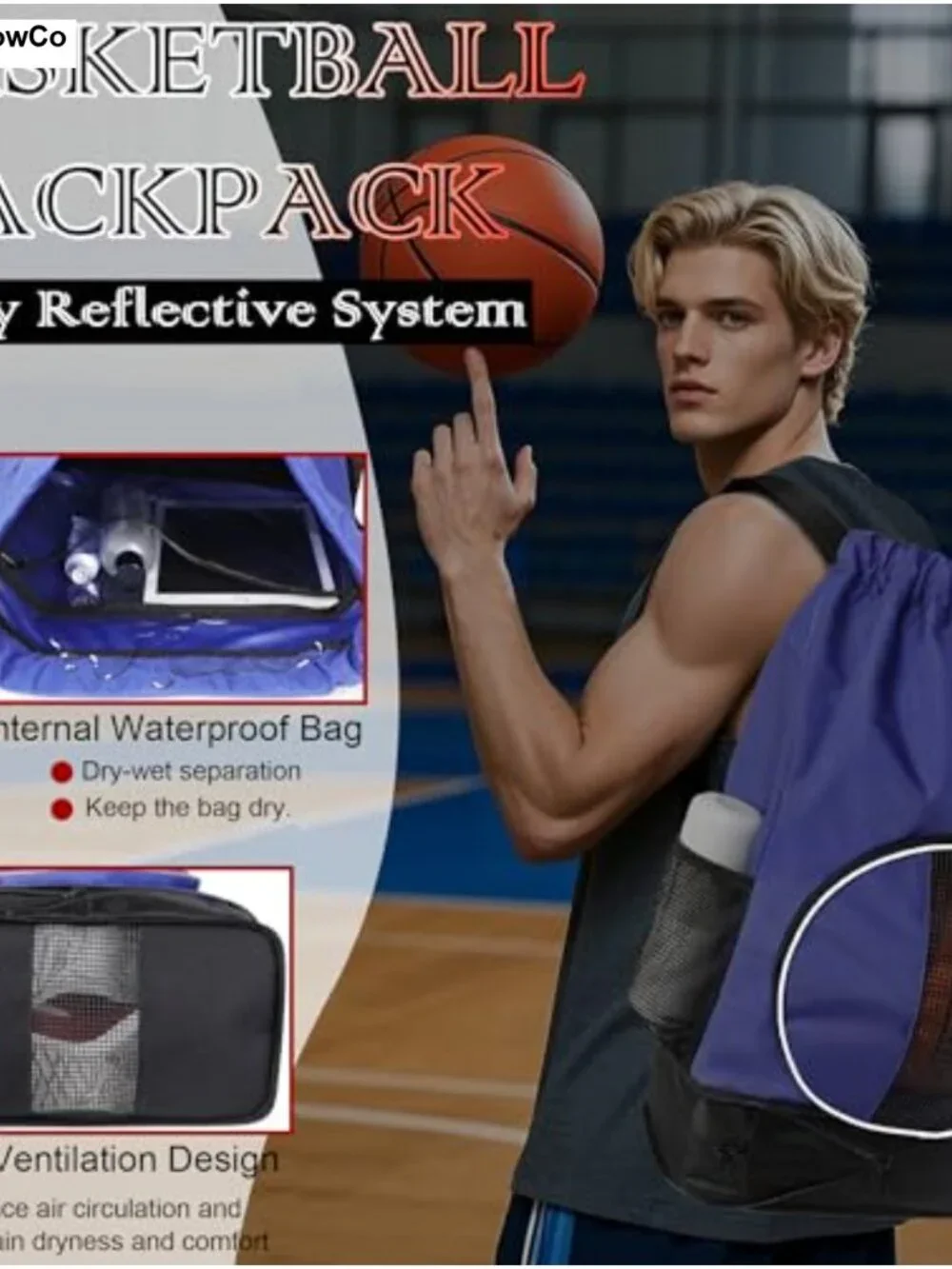 45L Drawstring Basketball Backpack Nylon Sports Bag Shoe Compartment Gym